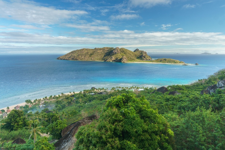 At the halfpoint of a hike to the main peak of Wayalailai island, Yasawa island group, Fiji. Taken from Wayalailai in the direction of Kuata island., Shutterstock ID 1094552630, Purchase Order: -