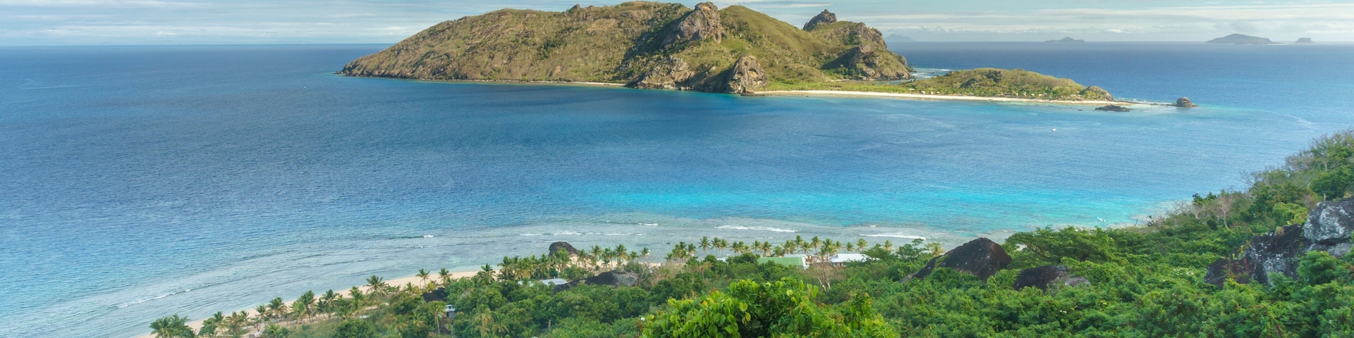 At the halfpoint of a hike to the main peak of Wayalailai island, Yasawa island group, Fiji. Taken from Wayalailai in the direction of Kuata island., Shutterstock ID 1094552630, Purchase Order: -