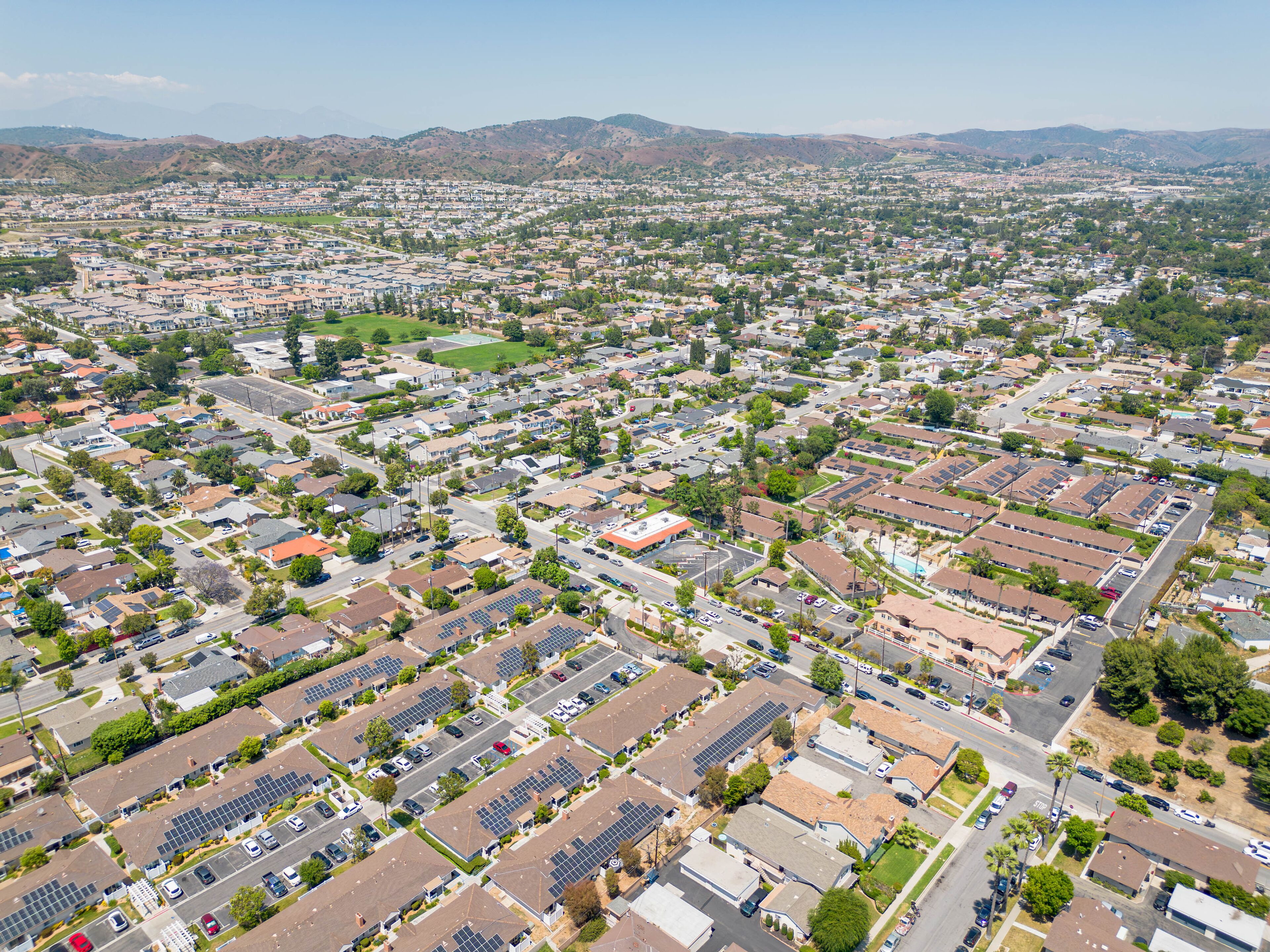 Yorba Linda, California - June 17, 2023: aerial drone photo view toward Yorba Linda houses, homes, including Mabel M Paine Elementary School