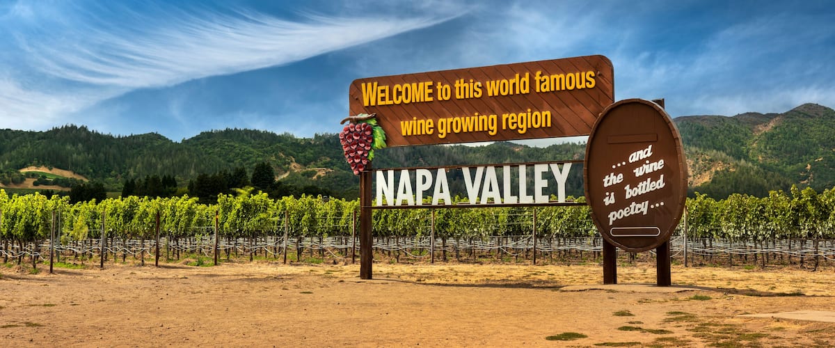 A vineyard with a sign that reads "Welcome to this world famous wine growing region Napa Valley."