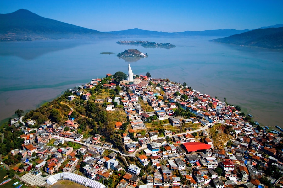 Aerial shot taken from an ultra-light aircraft of the lake Patzcuaro in the state of Michoacan, Mexico. The island in the middle is called Janitzio, and is the theater of amazing indigenous festivitie