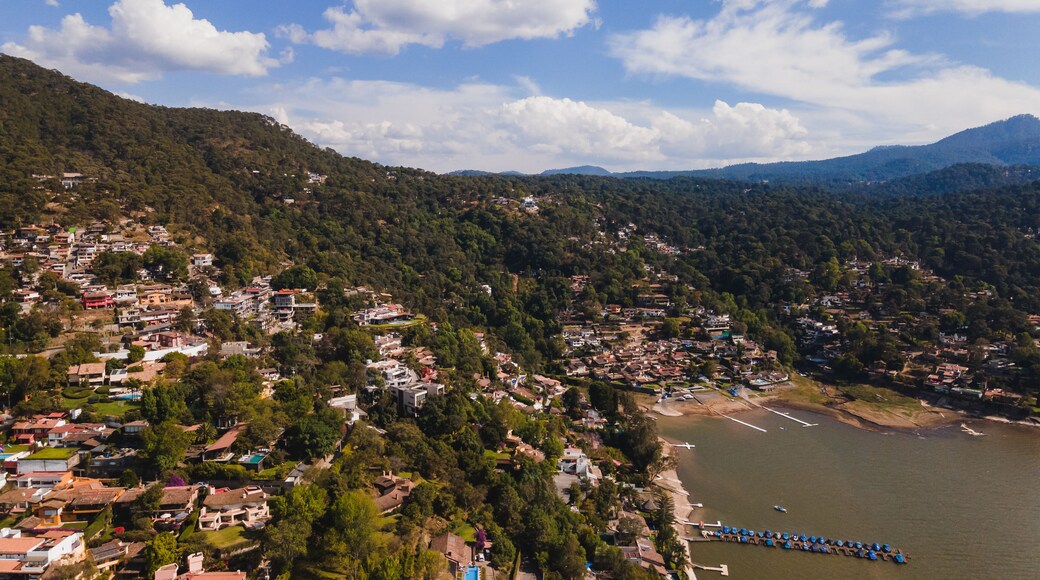Aerial photography of the landscape on the dam of Valle de Bravo in Mexico, the sailboats are distinguished. 4