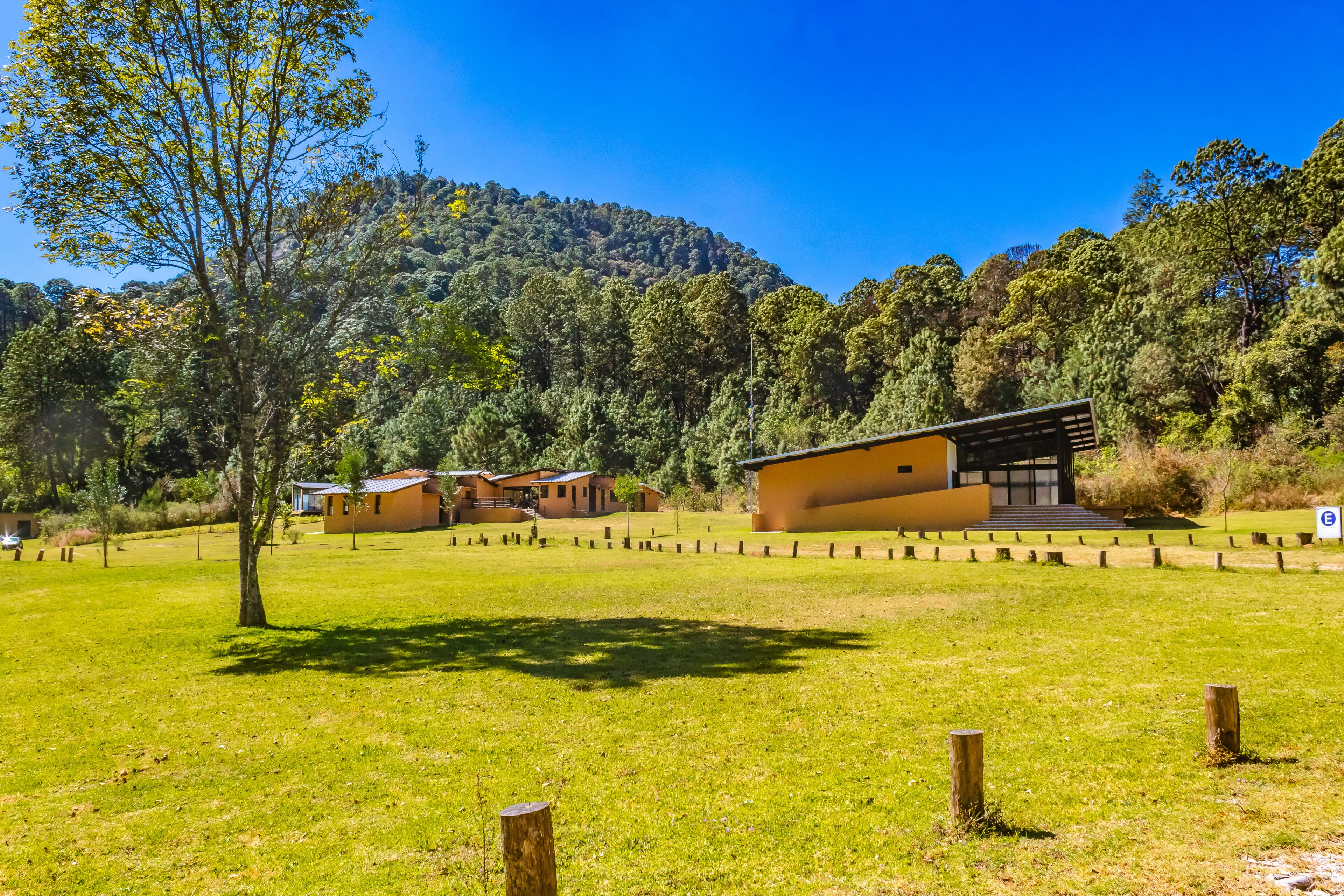 Un campo cubierto de hierba con un edificio moderno y una montaña al fondo.