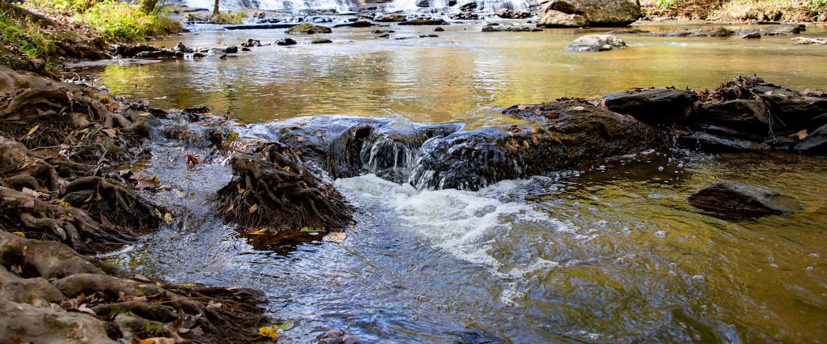 A waterfall in a forest with rocks and autumn leaves.