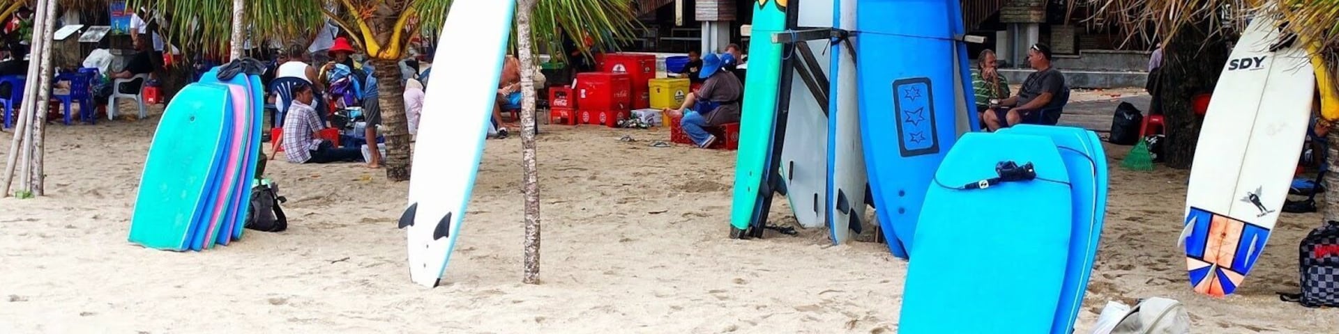 A beach with several surfboards leaning against trees and a blue structure.
