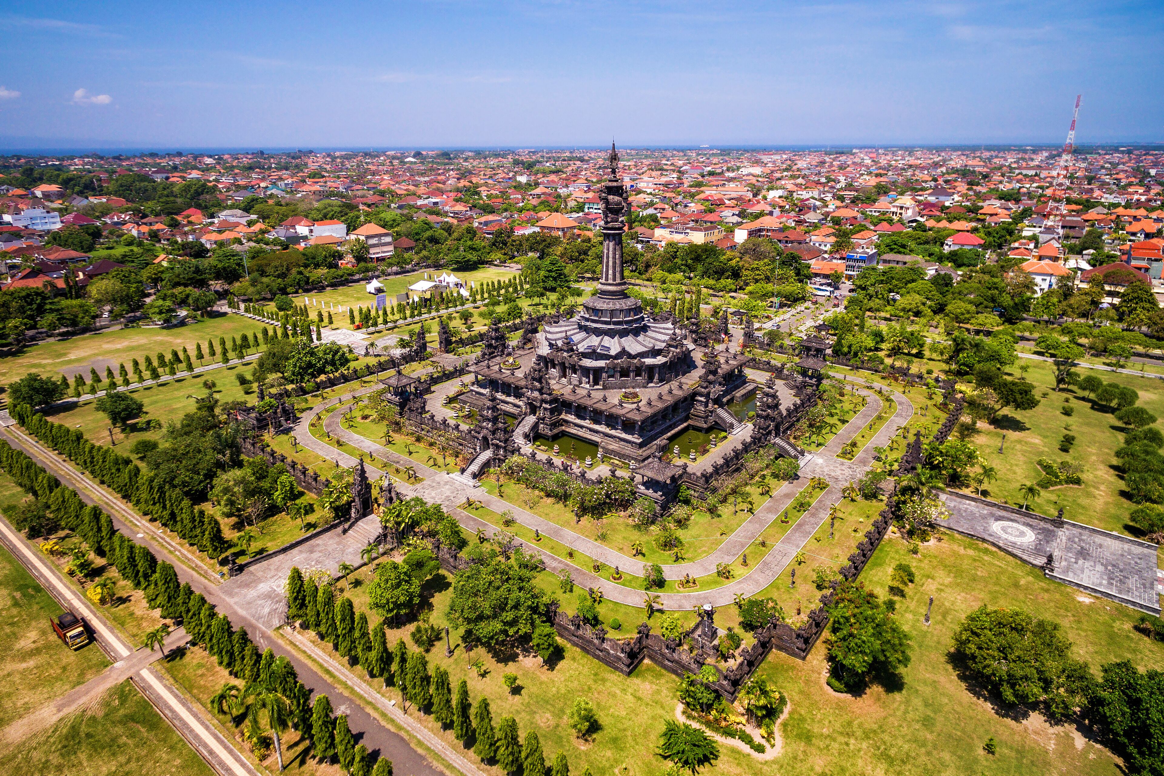 Aerial view of Bajra Sandhi Monument in Denpasar, Bali, Indonesia.