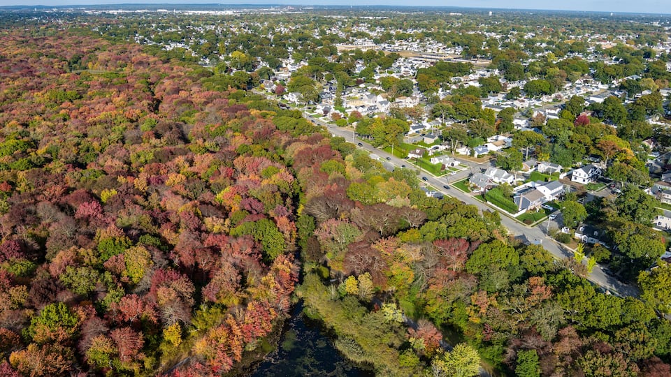 An aerial view of a residential area with a river running through it, surrounded by autumn-colored trees.