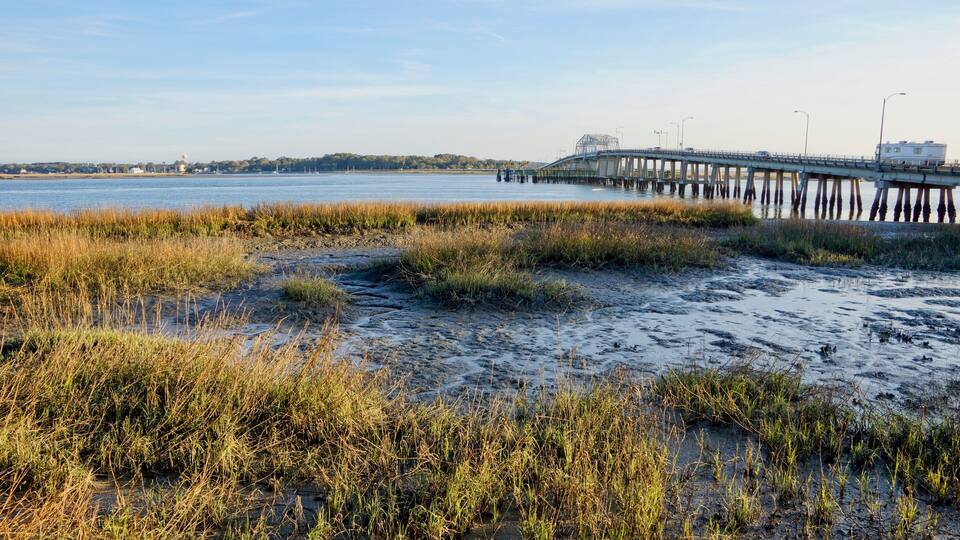 A coastal landscape with a pier extending into the water, surrounded by marshy terrain.