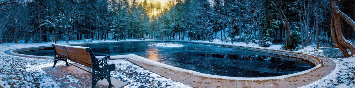 Lonely Moment at Heart Shaped Pond - The cold weather has arrived, the hardwood trees no longer have foliage, ducks have left the pond and the bench is empty. Loneliness is a rarity at the pond.