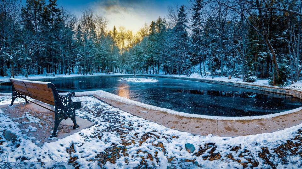 Lonely Moment at Heart Shaped Pond - The cold weather has arrived, the hardwood trees no longer have foliage, ducks have left the pond and the bench is empty. Loneliness is a rarity at the pond.