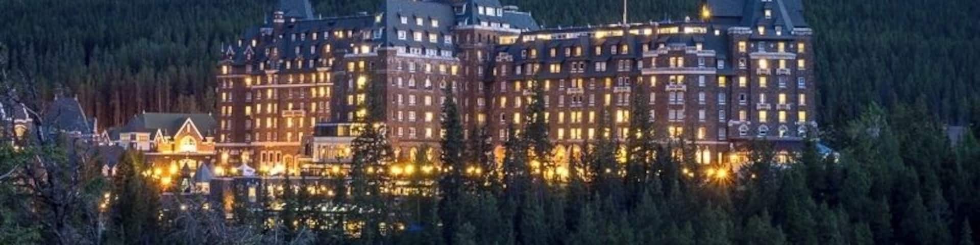 The majestic Banff Springs Hotel lights the night in Banff National Park. If you have a chance to visit Banff then you might be wondering where to go to get this iconic shot of the Springs. Well...... Locals refer to the spot as Surprise Corner and wow... when you see this view coming around the corner on Tunnel Mountain Road its hard to keep your wheels on the pavement. So yes... its a surprise! Get here at blue hour.