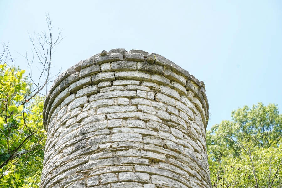 Stone overflow tower at Cove Spring Park in Frankfort, Kentucky.
