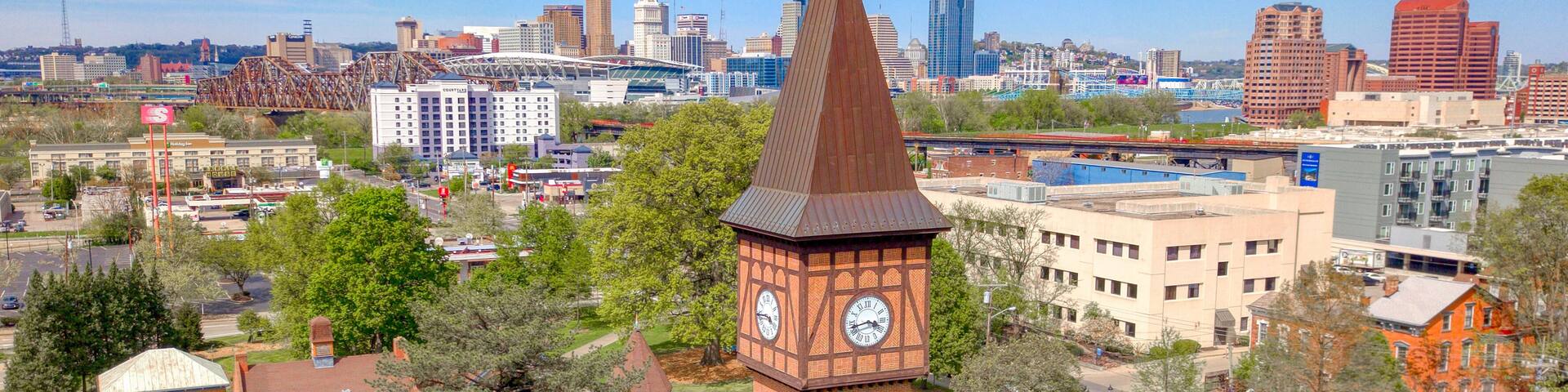 The Iconic Goebel Park Clock Tower in the Foreground of Downtown Cincinnati