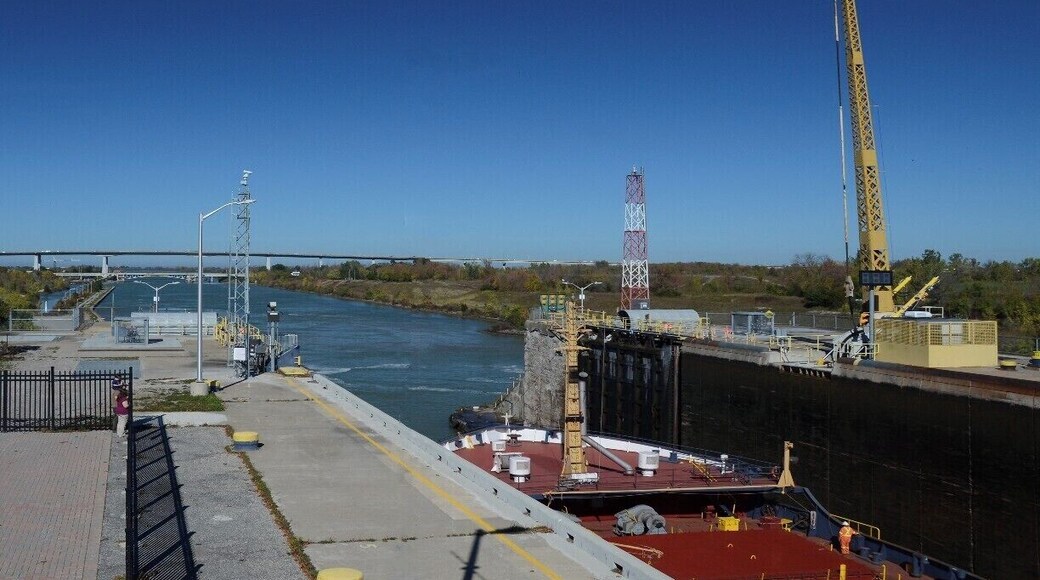 Welland Canals Centre Lock 3. is part of the Lock system Among the most critical components of the waterway are the 15 locks of the St. Lawrence Seaway. These locks not only allow ships to navigate the St. Lawrence River from Montreal to Lake Ontario, they also enable vessels to bypass Niagara Falls. Of the Seaway's 15 locks, two are in the United States and 13 are in Canada. We were able to watch this ship being lowered through this lock. We then drove off to visited Niagara on the Lake and saw this exact ship out on Lake Ontario about an hour after it left this lock.