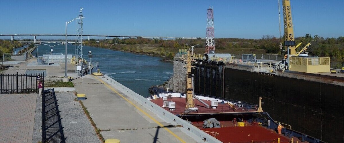Welland Canals Centre Lock 3. is part of the Lock system Among the most critical components of the waterway are the 15 locks of the St. Lawrence Seaway. These locks not only allow ships to navigate the St. Lawrence River from Montreal to Lake Ontario, they also enable vessels to bypass Niagara Falls. Of the Seaway's 15 locks, two are in the United States and 13 are in Canada. We were able to watch this ship being lowered through this lock. We then drove off to visited Niagara on the Lake and saw this exact ship out on Lake Ontario about an hour after it left this lock.