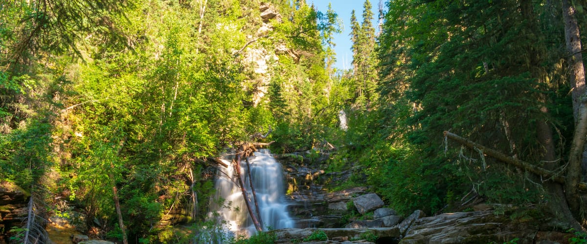 A waterfall cascading over rocky terrain surrounded by dense forest.