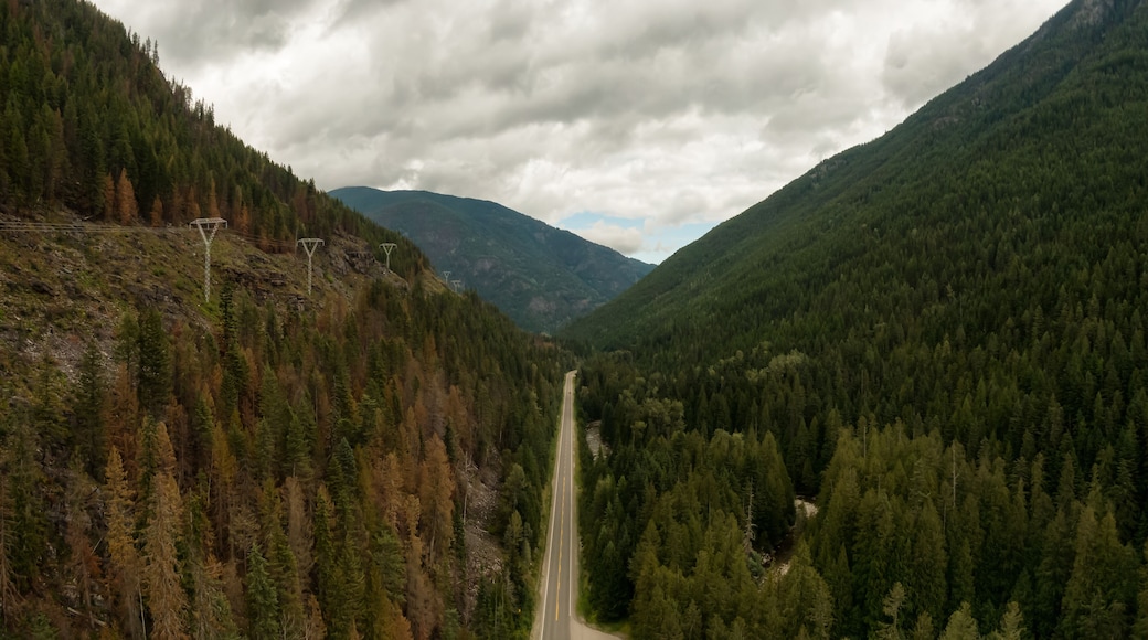 Aerial Panoramic View of a Scenic Highway in the Valley surrounded by Canadian Mountain Landscape. Taken near Creston, British Columbia, Canada.