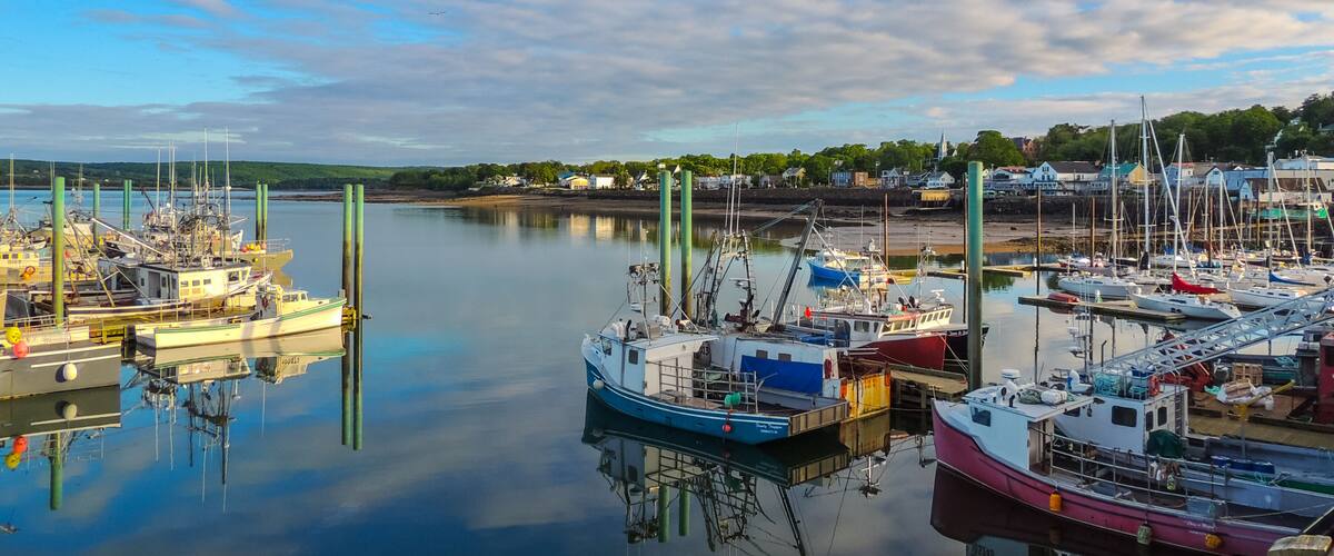 Boats in the harbour at low tide in Digby, Nova Scotia. Nova Scotia summer, late afternoon with evening approaching. Boats tied up in low tide, in for the day. Sunshine on calm coastal water.