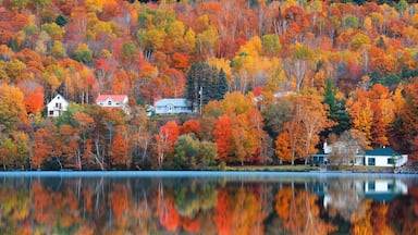Panoramic view of Saint-Jean-des-Piles village surrounded with bright fall foliage in Quebec, Canada