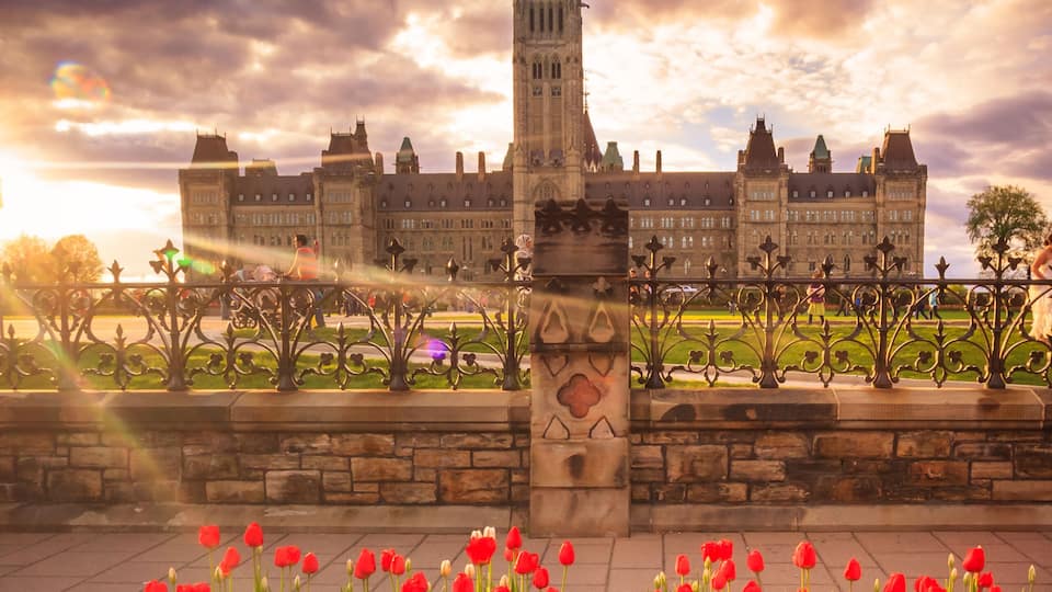View of Canada Parliament building in Ottawa during tulip festival