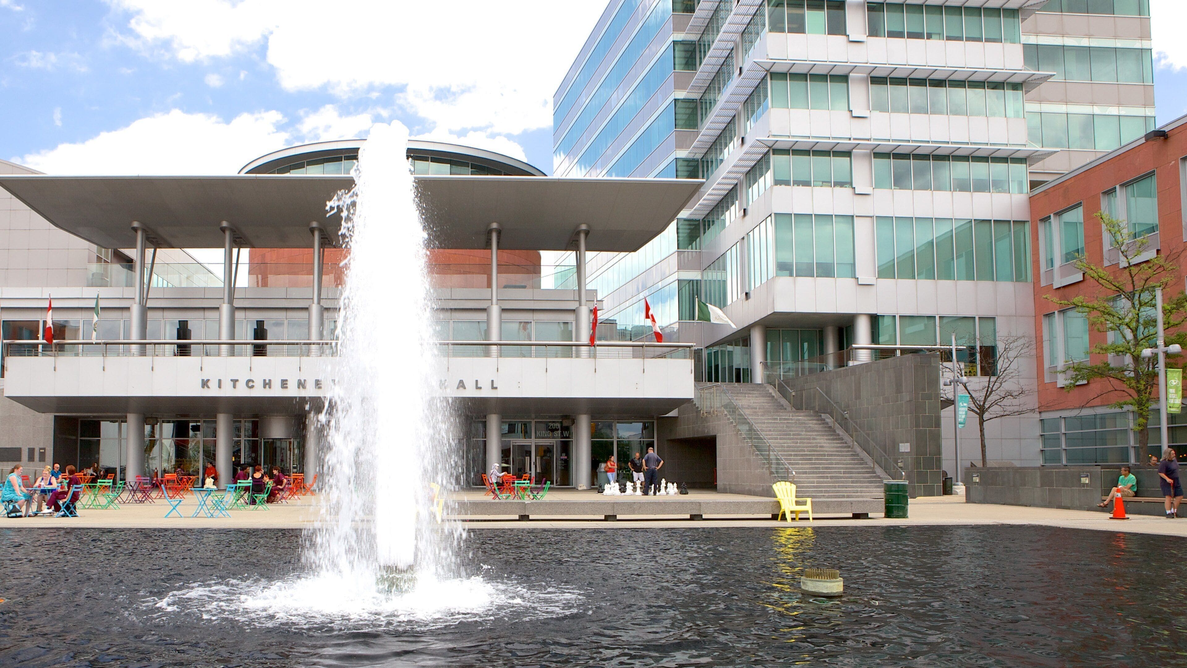Kitchener showing a fountain and a city