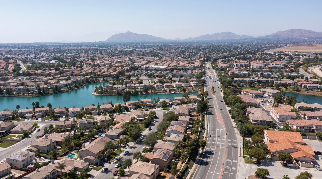 Daytime aerial view of a suburban neighborhood in Moreno Valley, California, USA.