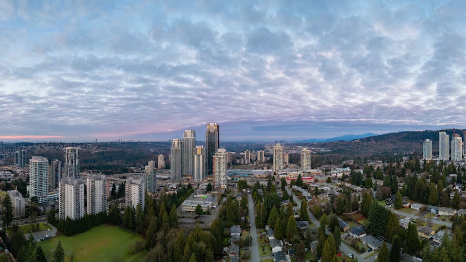 A cityscape with high-rise buildings, a river, and mountains in the background.