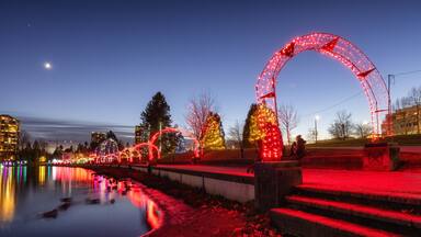 A nighttime cityscape with illuminated arches and Christmas trees along a waterfront.