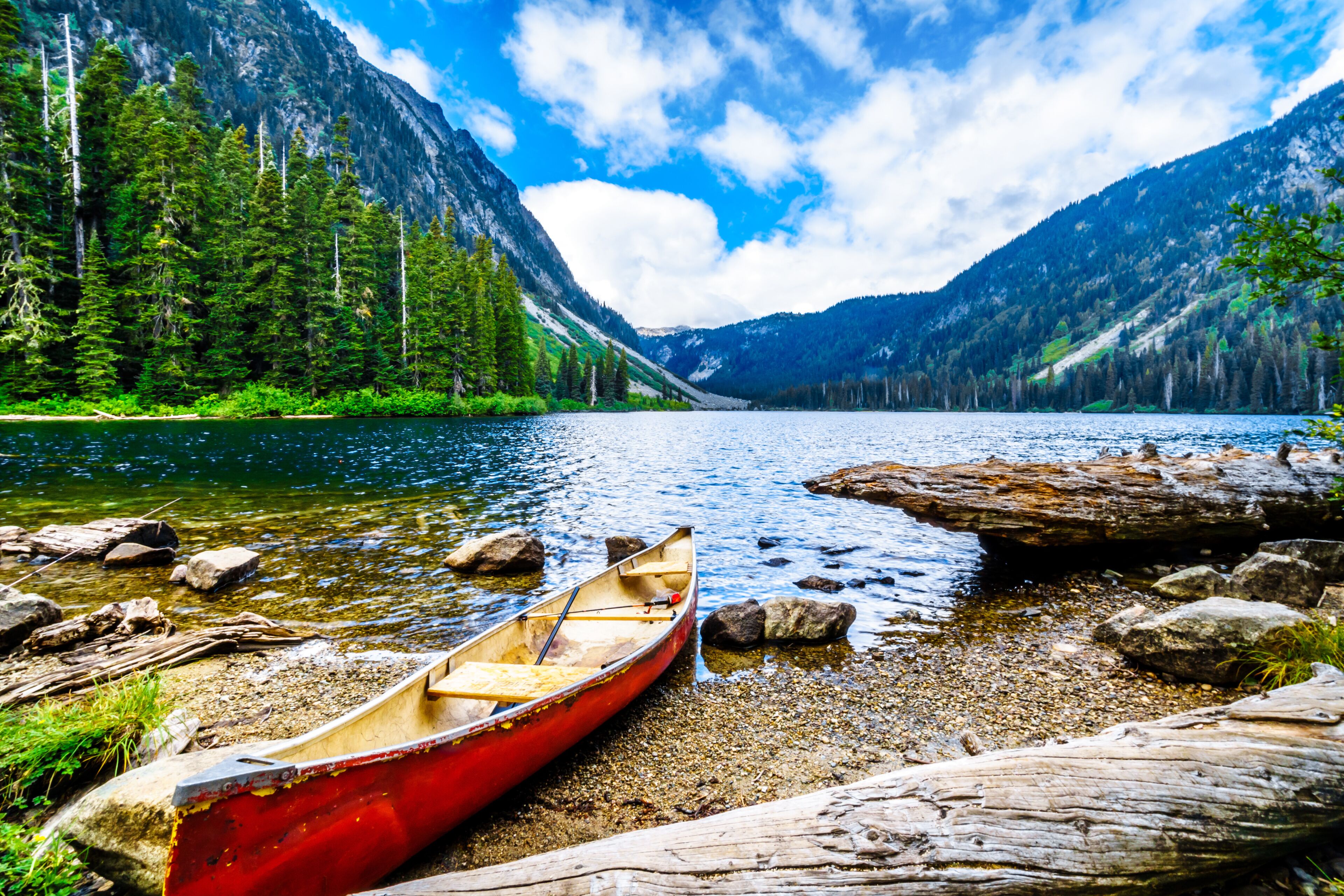 Canoe in Falls Lake, a high alpine lake near the Coquihalla Summit in British Columbia, Canada