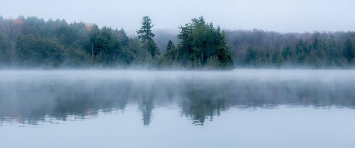 A calm lake with dense forest on the opposite shore.