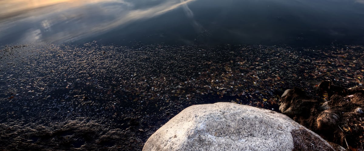 Tyyni järvi auringonlaskun aikaan, jonka pinnasta heijastuu kirkkaasti taivas, ja järveä ympäröi kivinen maasto.