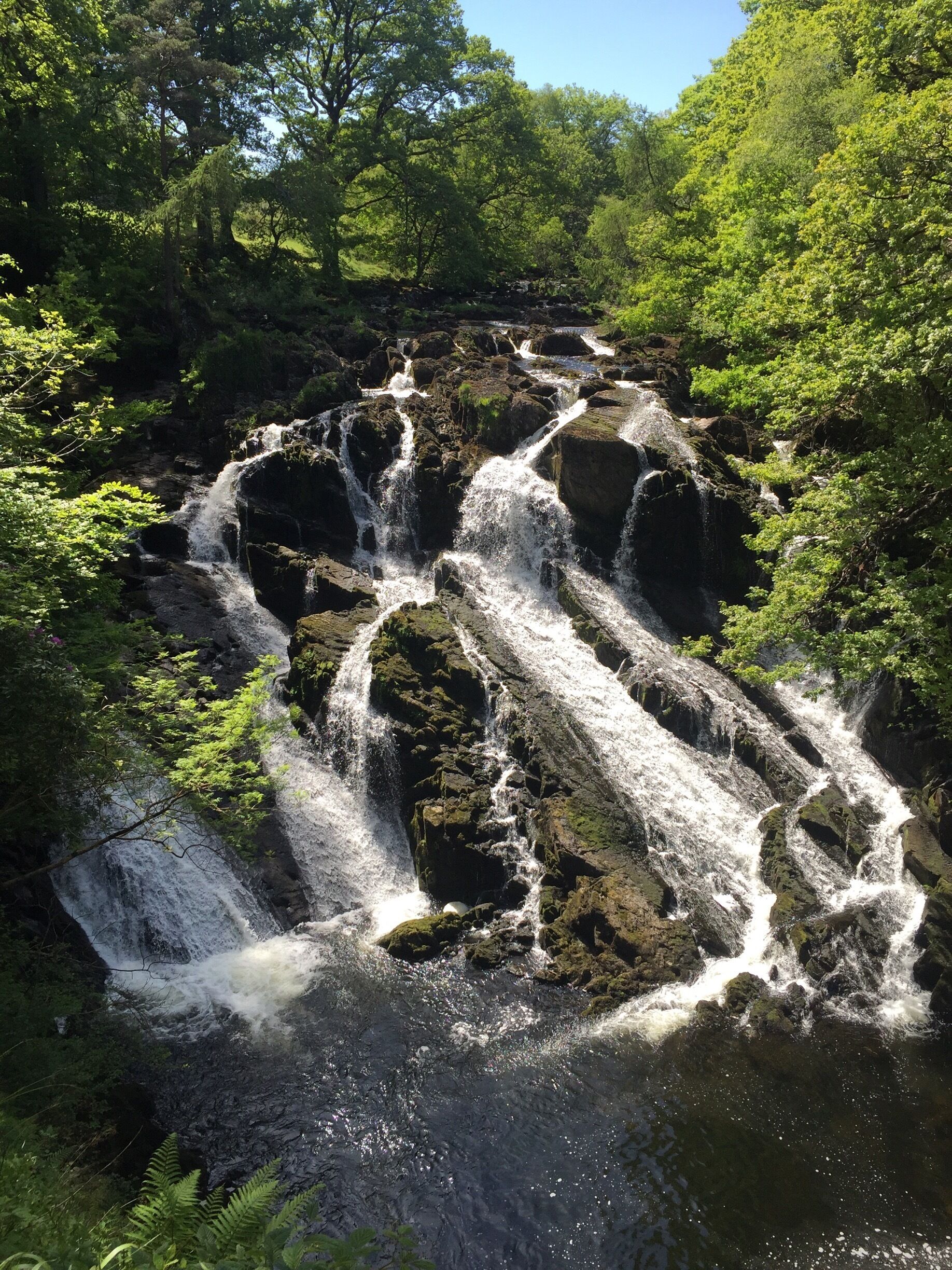 A multi-tiered waterfall surrounded by lush greenery.