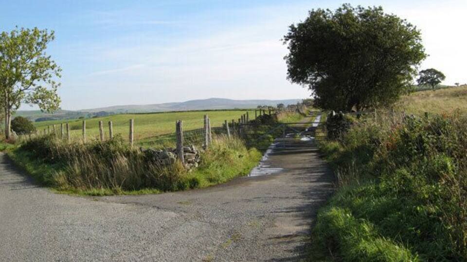 A rural road with a stone wall and a fence, surrounded by greenery and a clear sky.