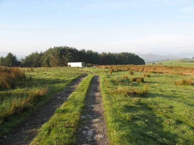 Track to Brynmyllt A track to the distant farm passes over the pasture by an unmarked woodland. An old lorry body has been pressed into service as a shed. The Snowdonia National Park boundary runs parallel to the track here, in the left of the image.