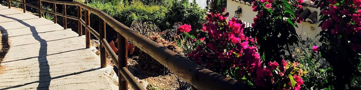 Ein malerischer Blick auf eine Stadt, eingebettet in ein Tal, mit Bergen im Hintergrund, einer hölzernen Treppe und leuchtend rosa Bougainvillea-Blüten.