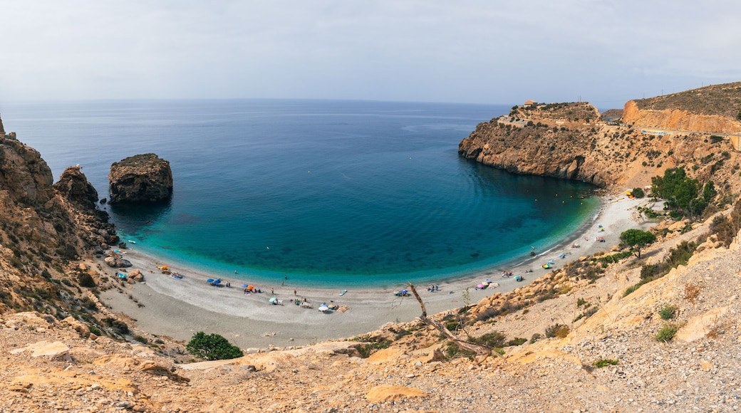 Panorama Playa Calahonda beach, rocks and sea in Mijas Costa del Sol in Andalusia, southern Spain