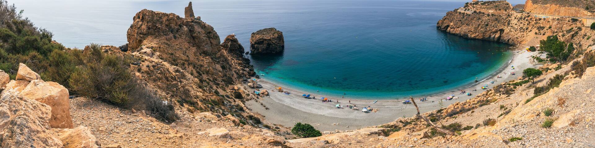 Panorama Playa Calahonda beach, rocks and sea in Mijas Costa del Sol in Andalusia, southern Spain