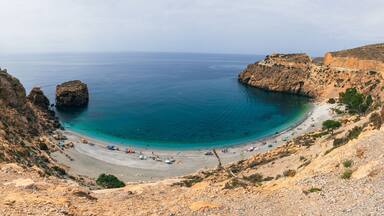 Panorama Playa Calahonda beach, rocks and sea in Mijas Costa del Sol in Andalusia, southern Spain