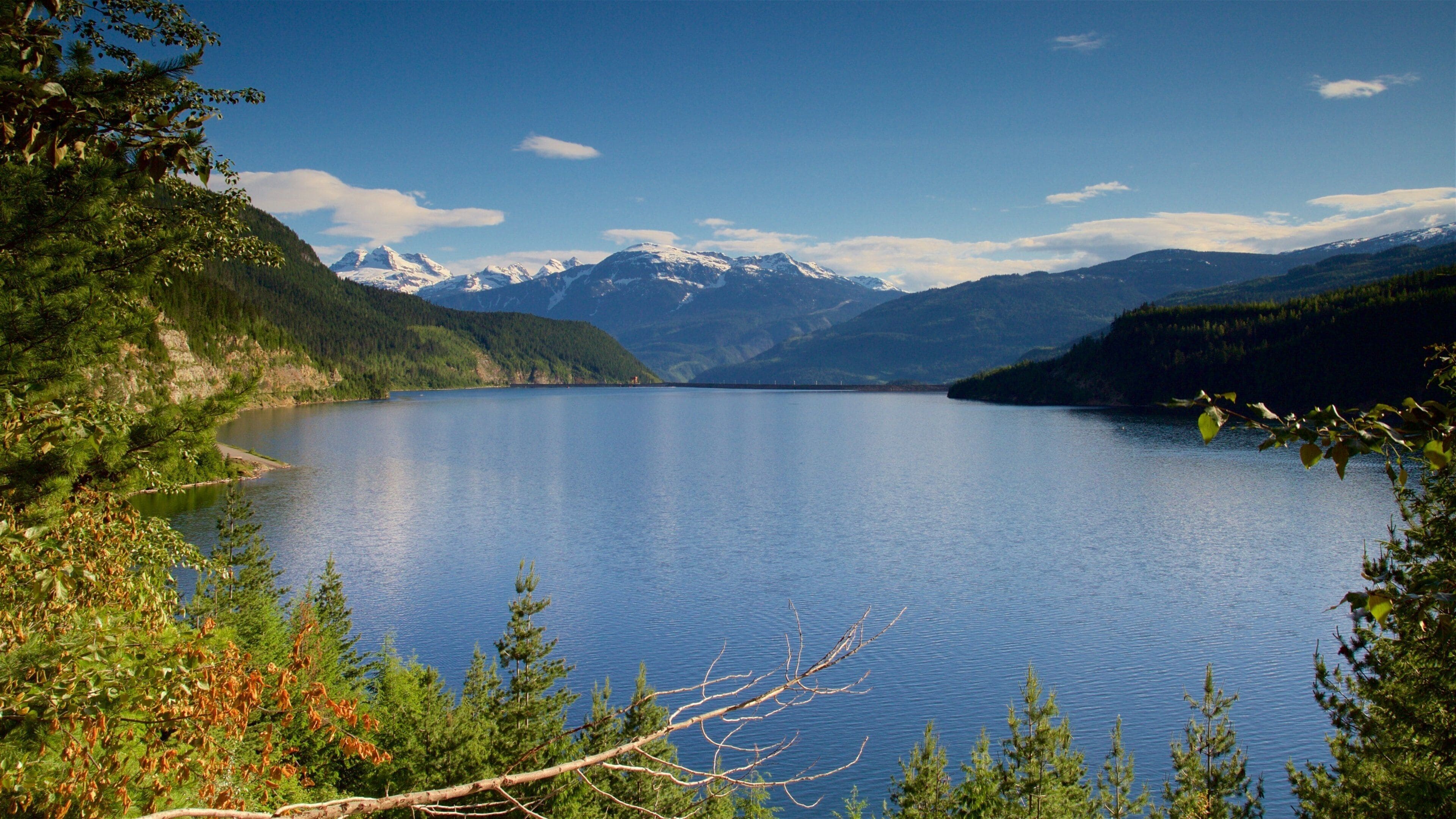 A calm lake surrounded by mountains and dense forests.