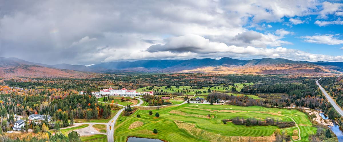Aerial panorama of Presidential Range covered in clouds, in Bretton Woods, White Mountain National Forest, New Hampshire, along highway 302.