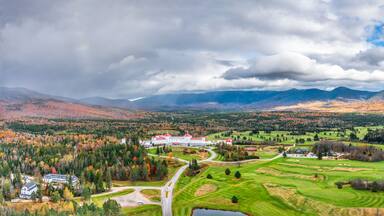 Aerial panorama of Presidential Range covered in clouds, in Bretton Woods, White Mountain National Forest, New Hampshire, along highway 302.
