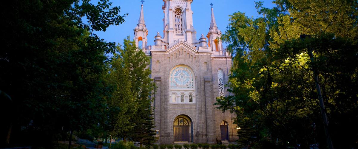 A large church with a tall spire and multiple towers, surrounded by trees.
