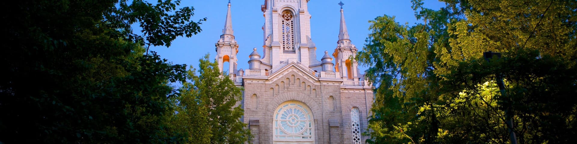 A large church with a tall spire and multiple towers, surrounded by trees.