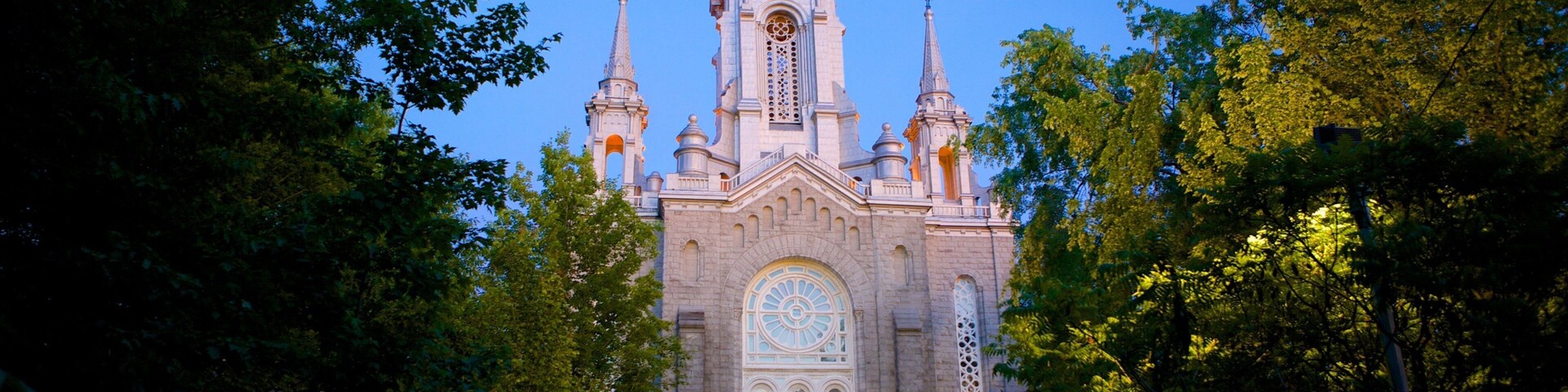 A large church with a tall spire and multiple towers, surrounded by trees.