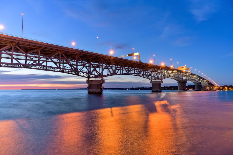 Coleman Bridge - A Summer sunset view of George P. Coleman Memorial Bridge, the largest double-swing-span bridge in U.S., crossing over York River at Yorktown, Virginia, USA.