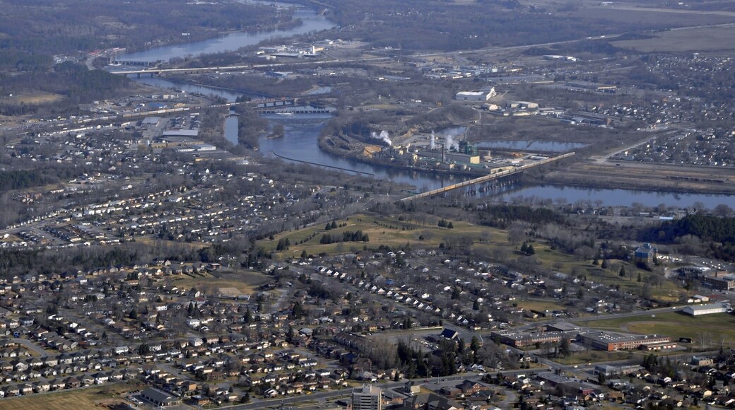 Aerial view of Trenton Ontario, neighborhoods and infrastructure along the River Trent in Ontario Canada early Spring
