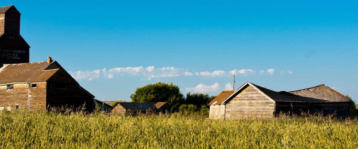 A rural landscape with old wooden buildings, including a silo and barns, surrounded by a field of tall grass.