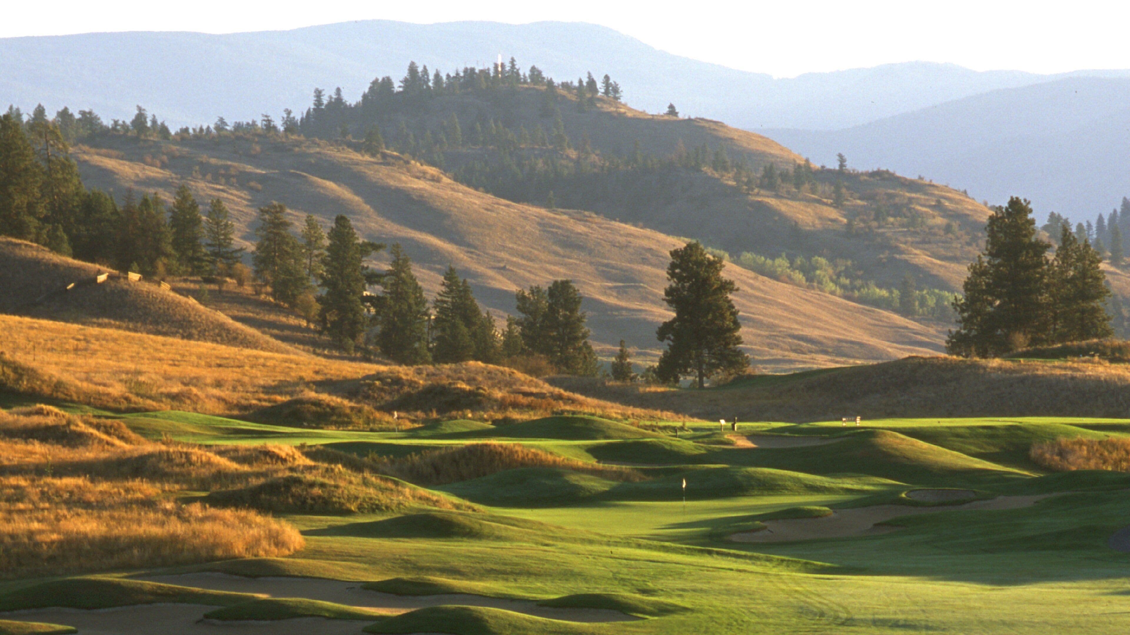 A golf course with rolling hills, trees, and distant mountains.
