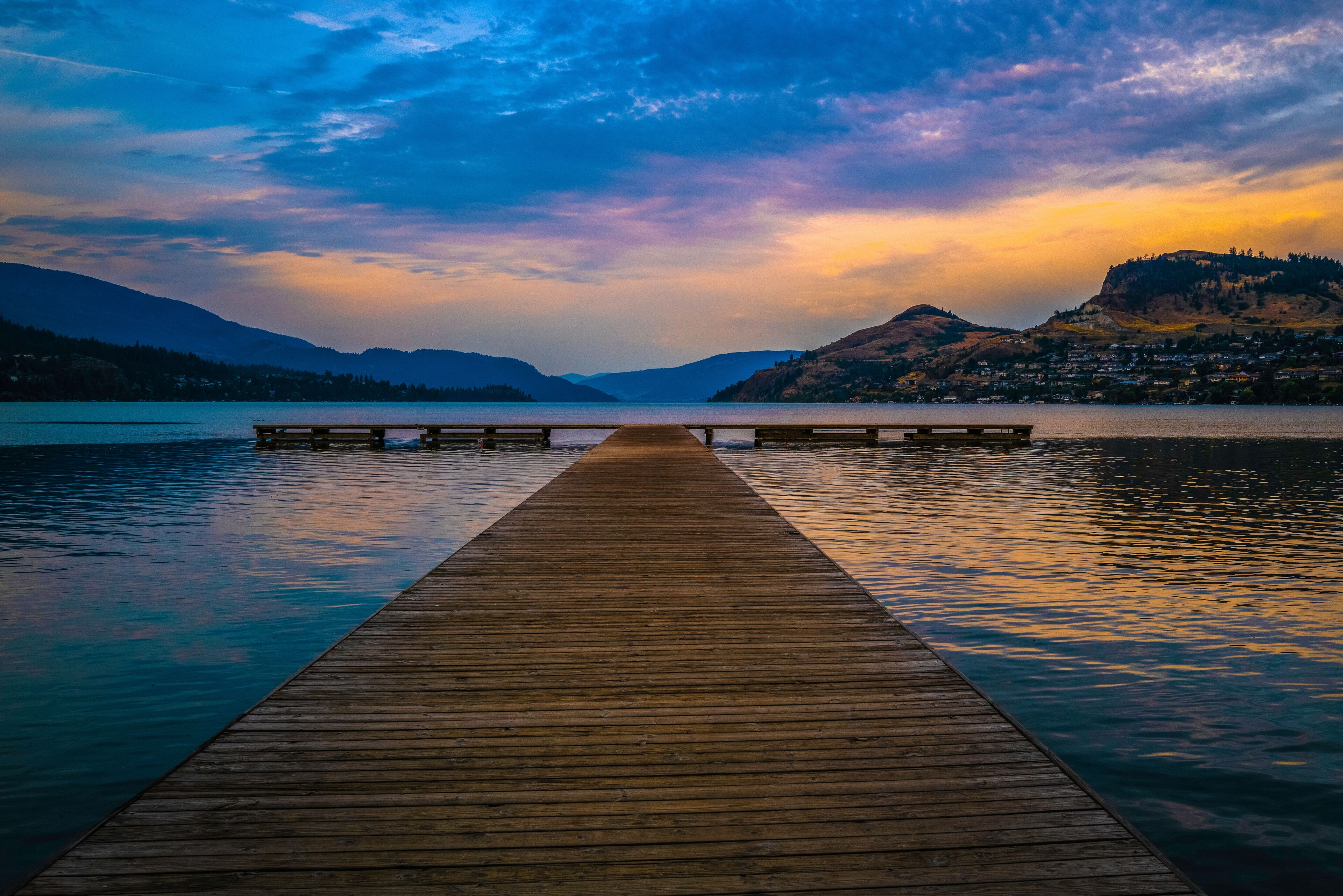 Tranquil twilight landscape over the dock at Kal Beach of Kalamalka Lake in Vernon, British Columbia, Canada
