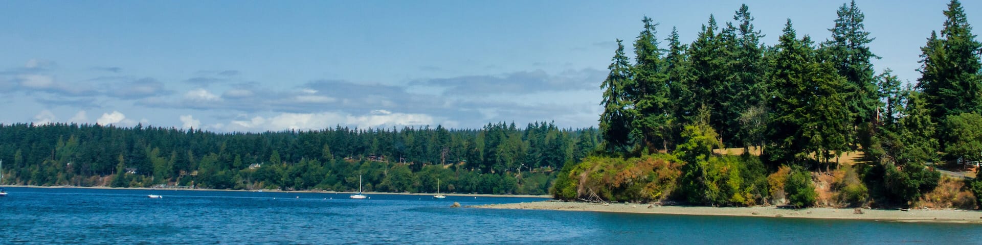 A clear blue lake with a sandy beach and dense forest in the background.